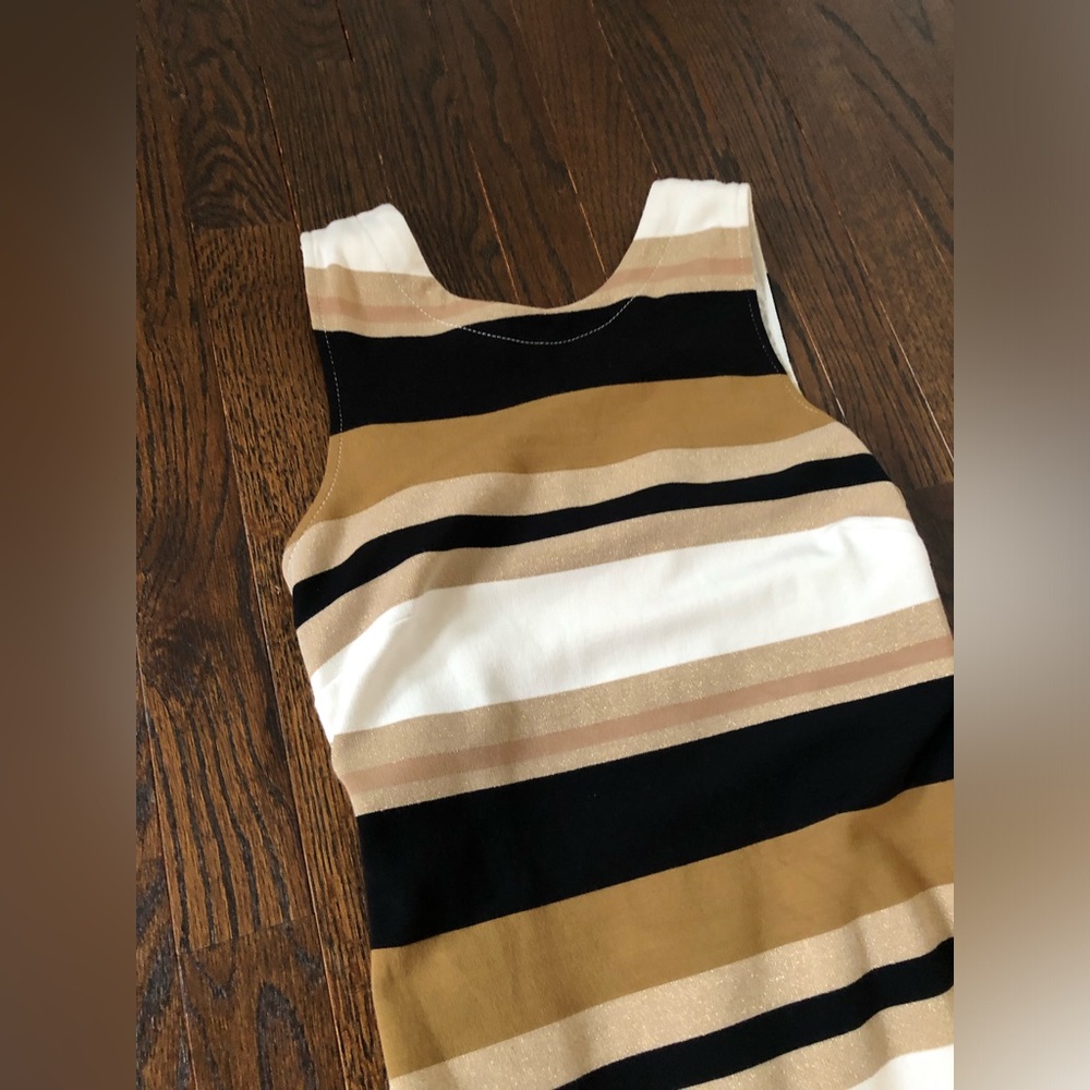 Banana Republic Women’s 2 Black/White/Gold Striped Ponte V-Back Sheath Dress EUC - Picture 3 of 11